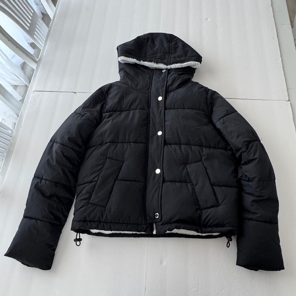 Hollister Black Puffer Jacket Faux Fur Lined Hooded Coat Womens Size M